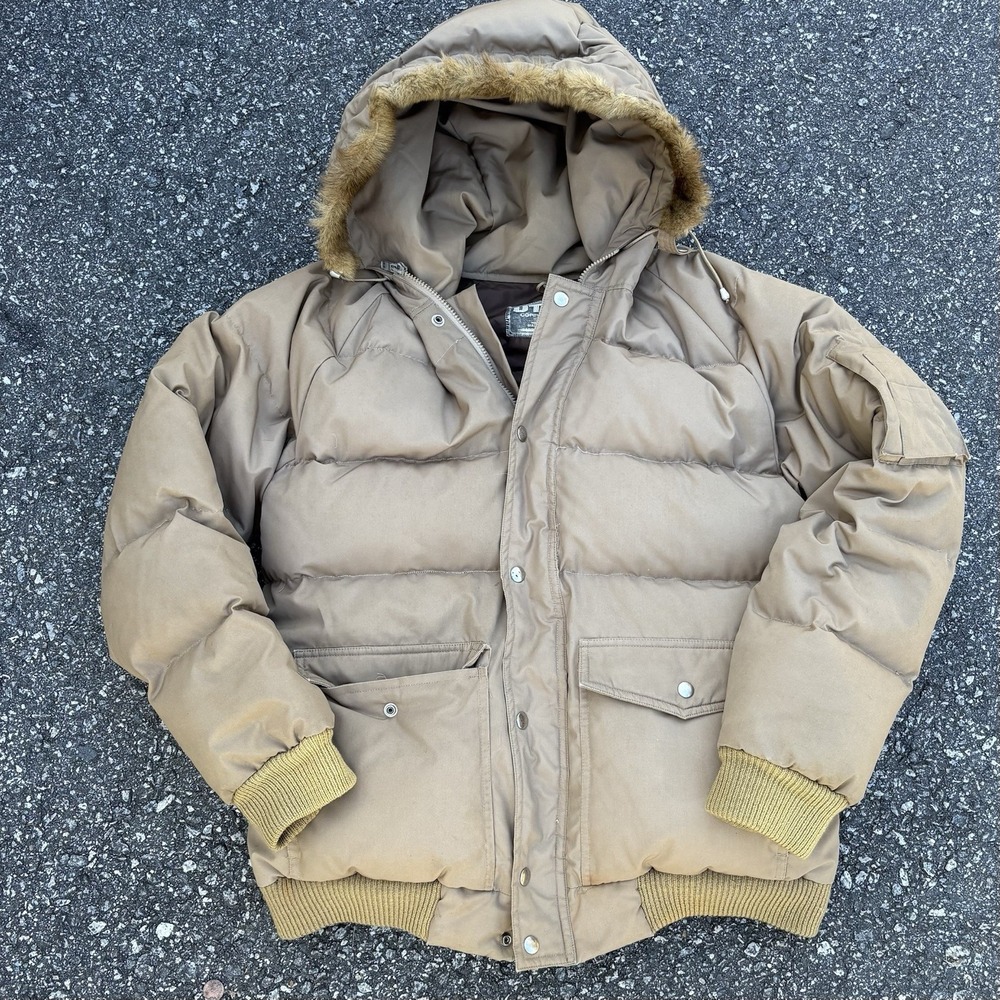 Vintage UTEX Hooded Puffer Jacket Faux Fur Trim Tan Brown Size 38